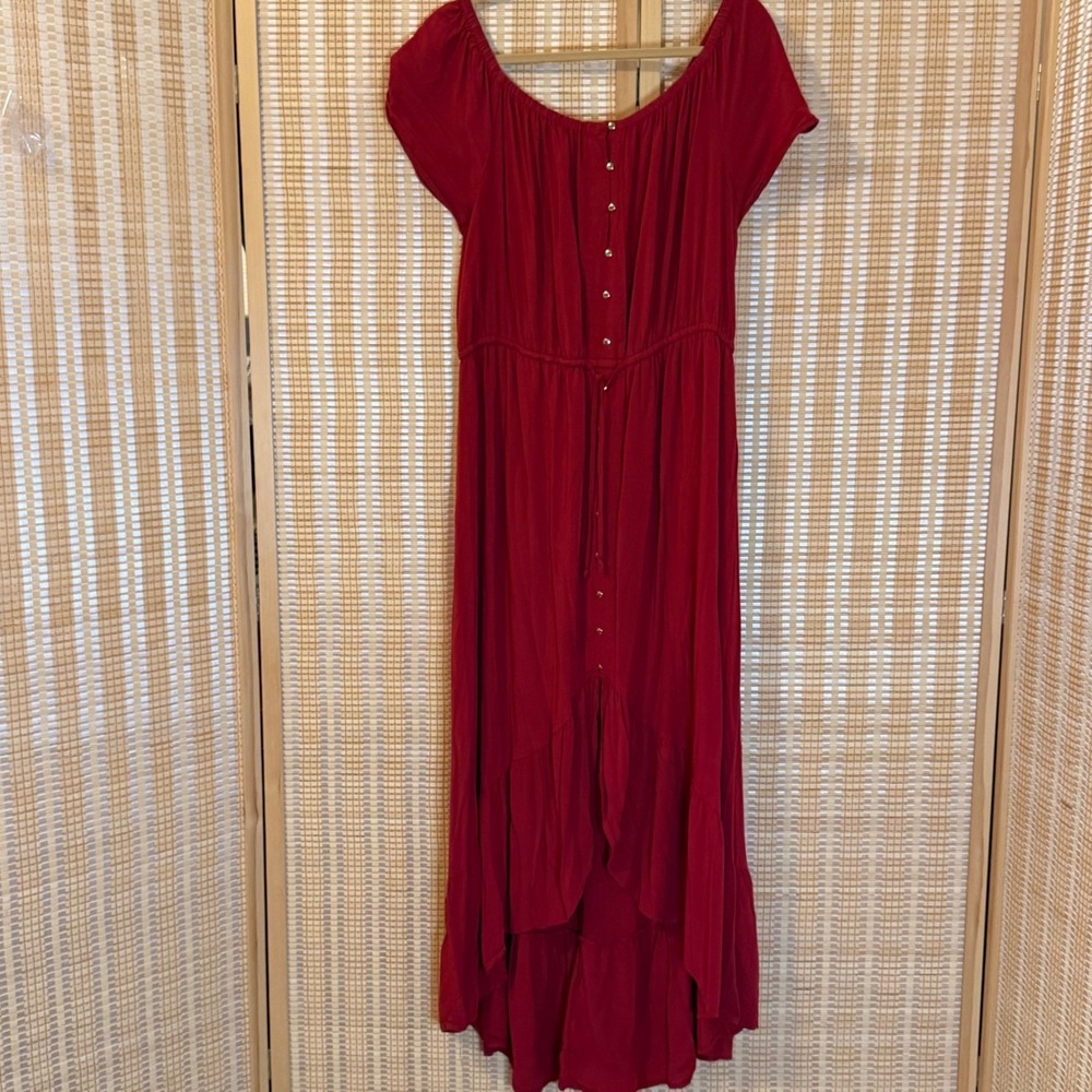Red High Low Maxi Dress Short Sleeve Button Front Elastic Waist Boho Western